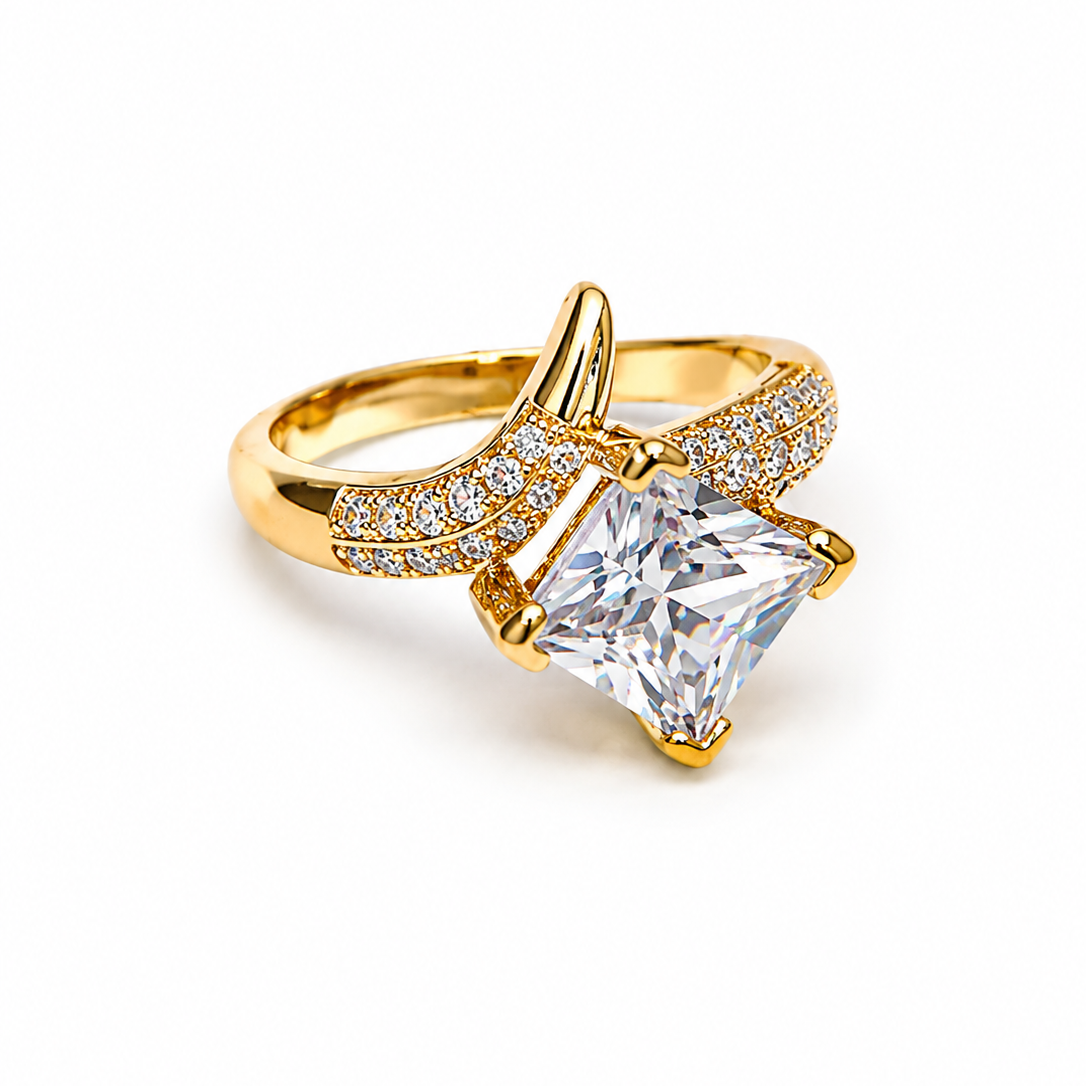 Zircon ring with a large diamond on a white background
