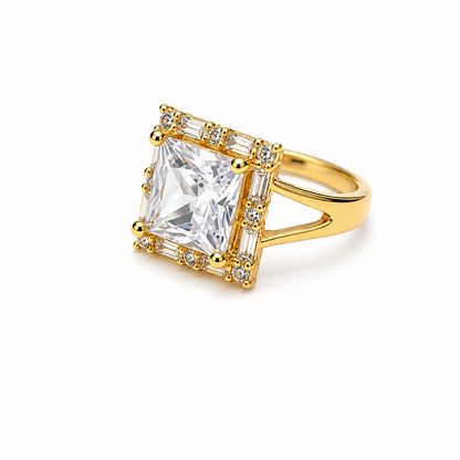 Adjustable ring with a large ZIRCONIA and smaller zircons on a white background