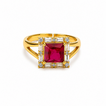 Adjustable ring with a red ZIRCONIA gemstone on a white background