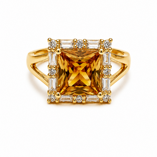 Adjustable ring with a large ZIRCONIA yellow gemstone and smaller Zircons on a white background