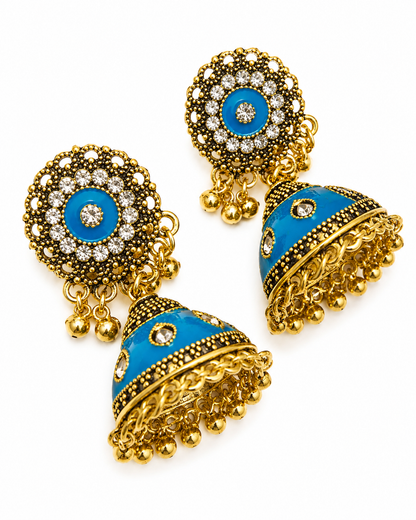 Traditional Jhumka Earrings | Blue, Pink,yellow & Black | Oranza Jewels