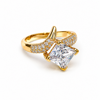 Zircon ring with a large diamond on a white background